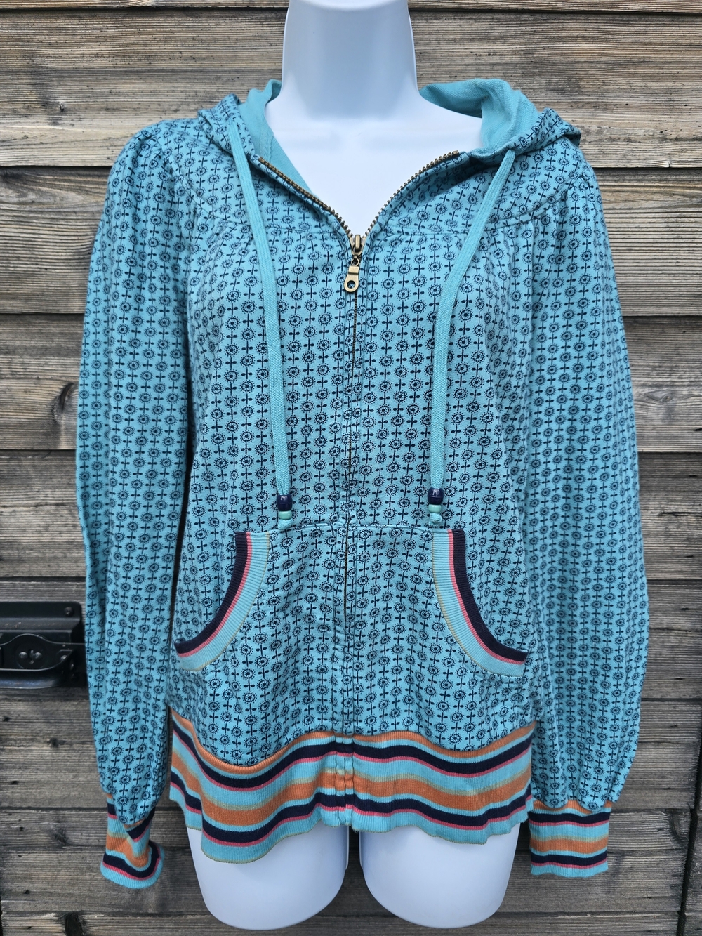 Mossimo Supply Co. Turquoise Patterned Zip Hoodie with Striped Trim